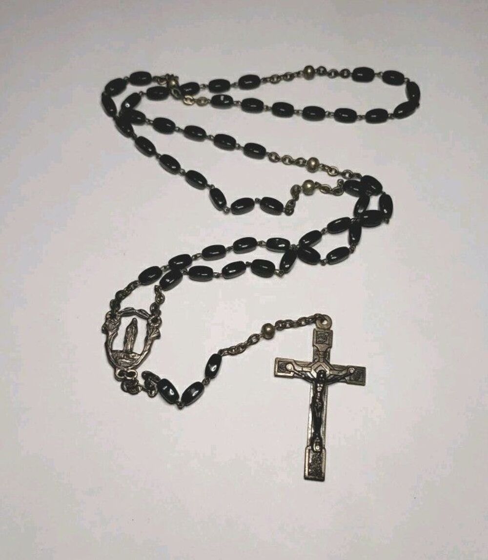 Vintage Rosary Beads RELIC St. Callisto Catacombs Rome Black Cross Mary Jesus